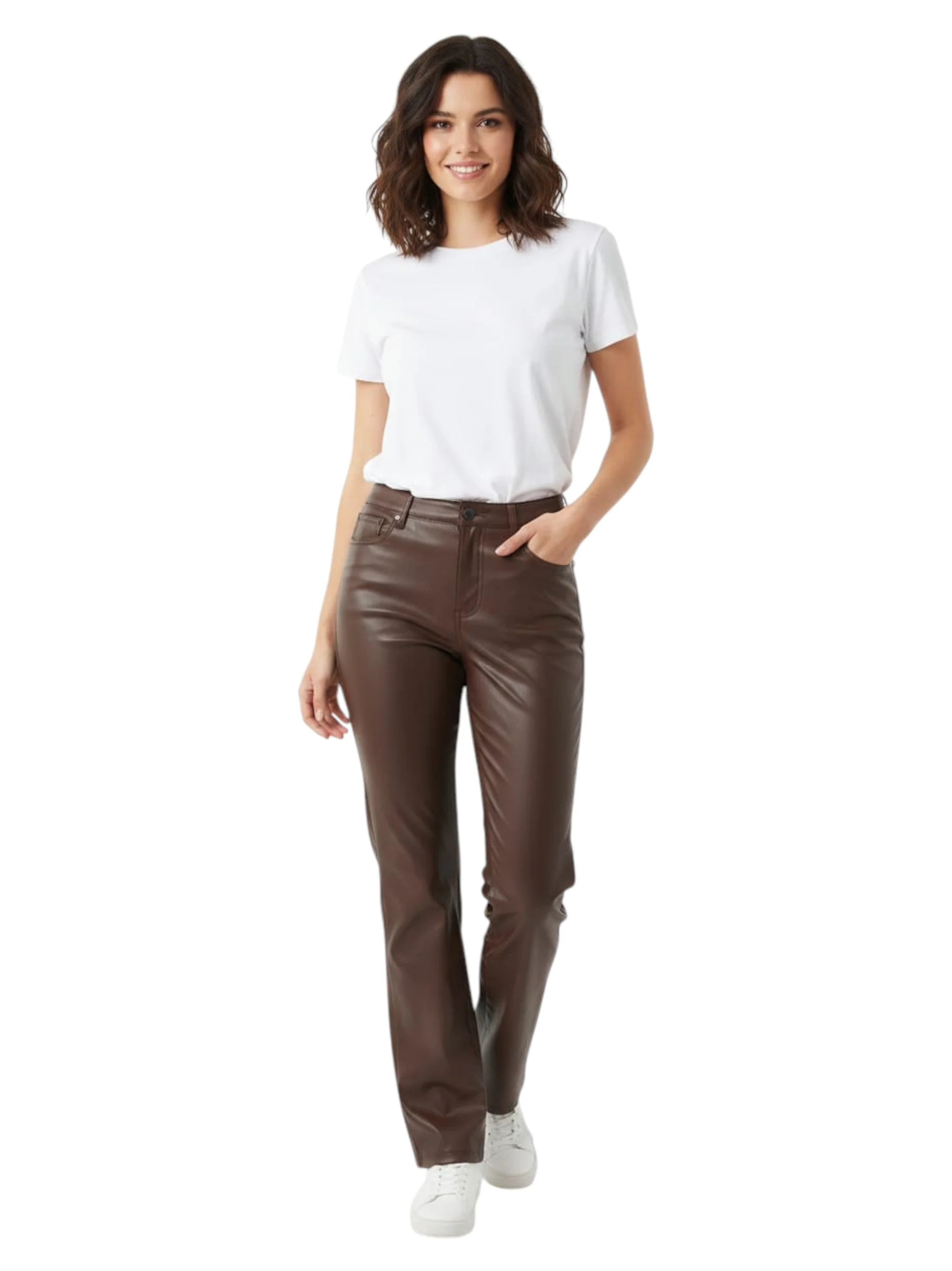 Women's Plain Leather Pant,Brown