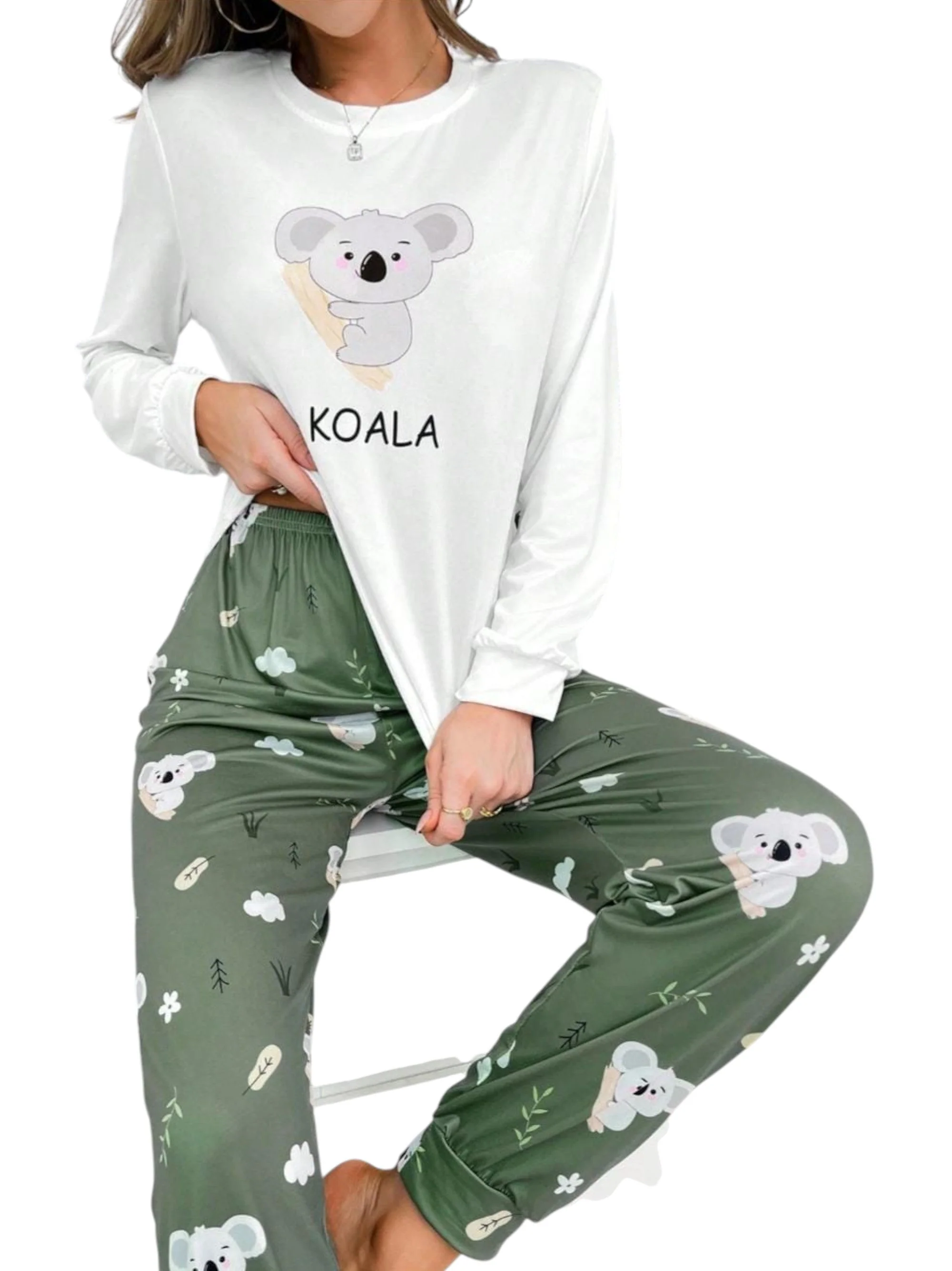 Women's Printed Pajama Set Top&Pant,Olive/White